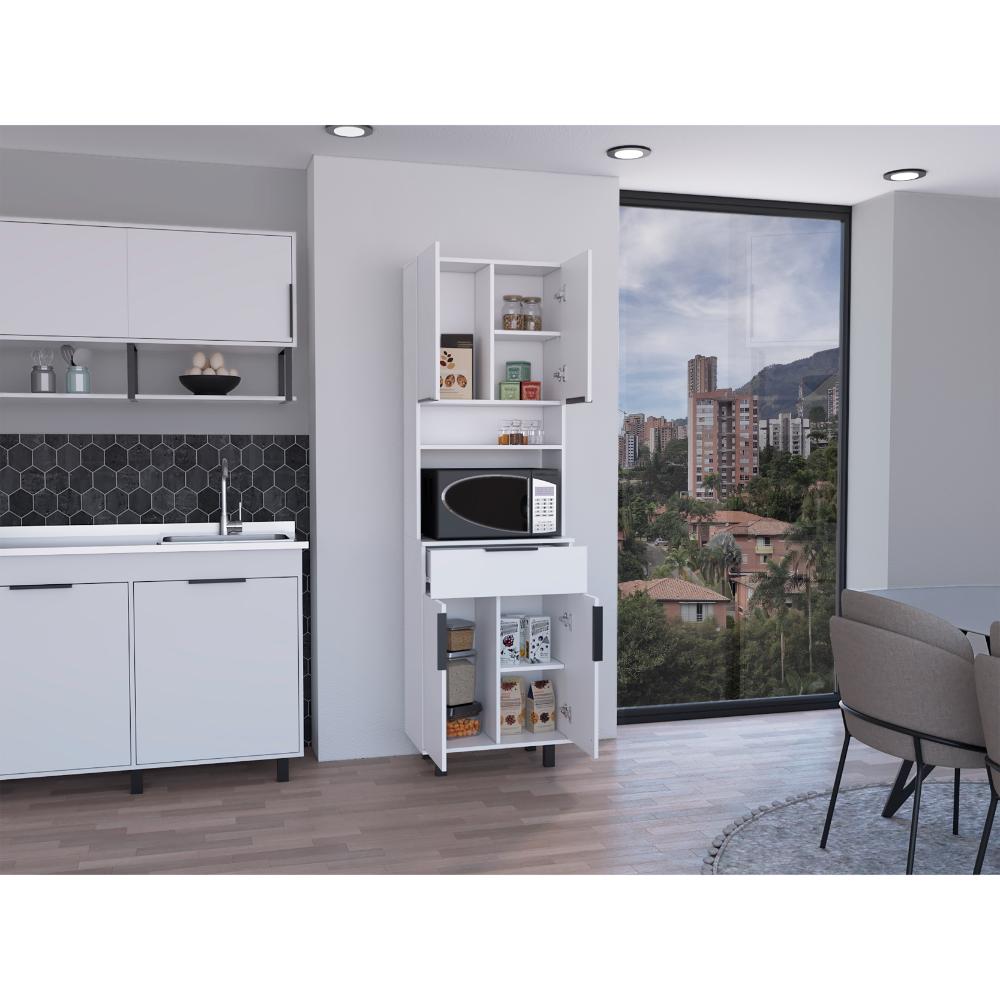 Alacena Oshawa, Blanco, contien un cajon y cuatro puertas de facil ensamble