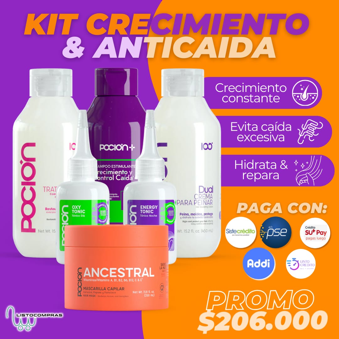 PROMOCION KIT LA POCION (SHAMPOO +TRATAMIENTO+ACONDICIONADOR+MASCARILLA+ANTICAIDA+CRECIMIENTO) PRECIO 206.000