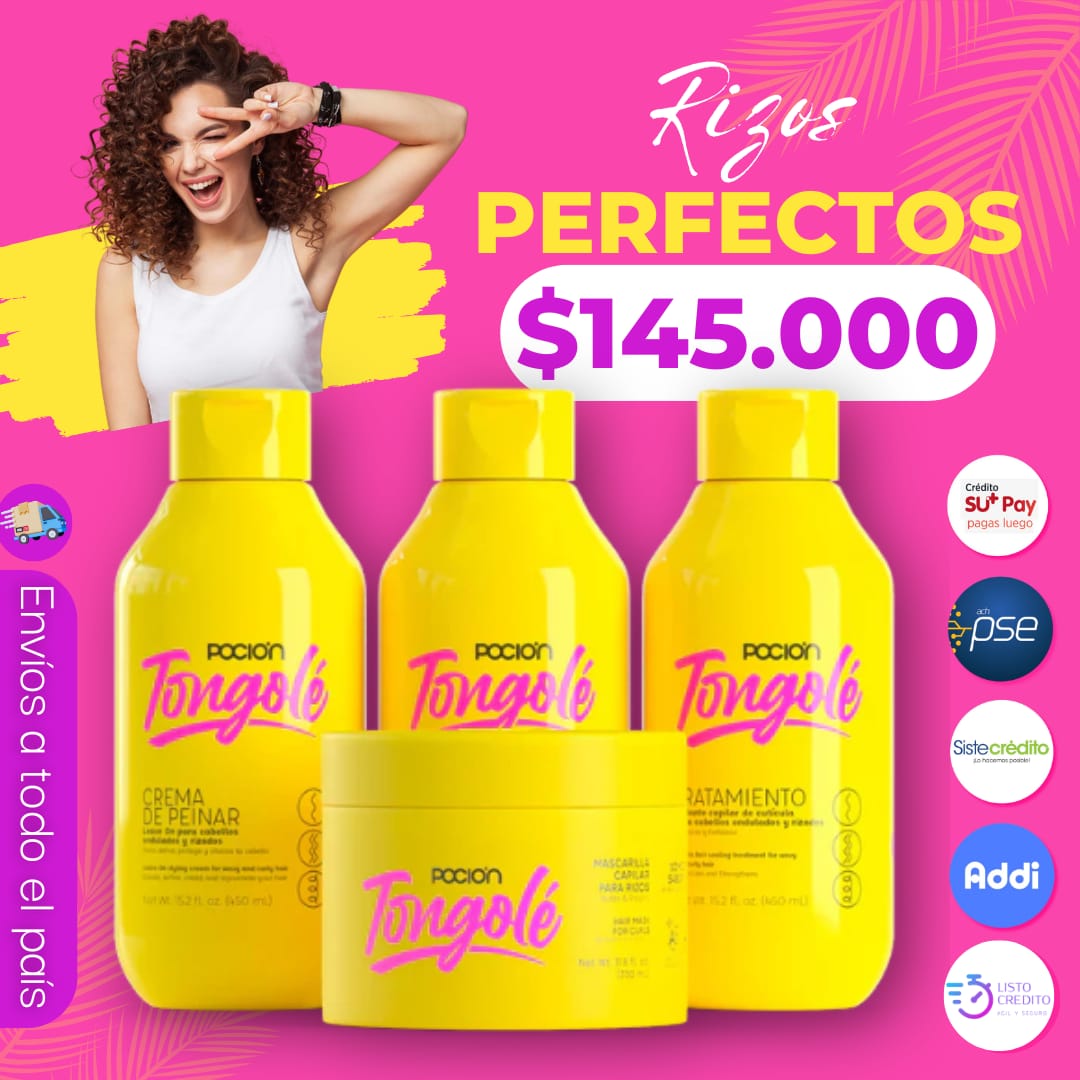 PROMOCION KIT POCION PARA RIZOS TONGOLE (SHAMPOO +TRATAMIENTO + CREMA DE PEINAR + MASCARILLA +) PRECIO 145.000