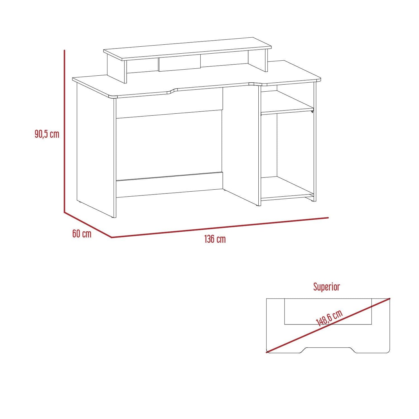 Escritorio Gamer Willy, Wengue y Rojo, con Espacio Adicional para Pantallas - VIRTUAL MUEBLES