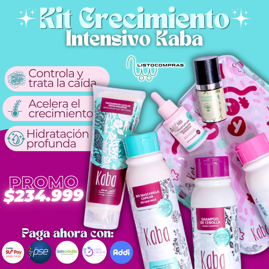 PROMOCION KIT CRECIMIENTO INTENSIVO KABA (SHAMPOO +ACONDICIONADOR +BIO MASCARILLA +TRATAMIENTO CAPILAR+TONICO+ACEITE DE PUNTAS) PRECIO 234.999