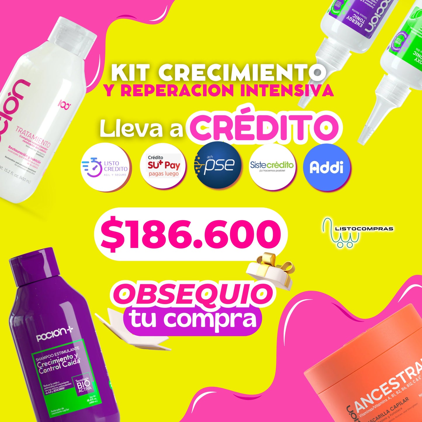 PROMOCION KIT CRECIMIENTO Y REPARACION INTENSIVA (SHAMPOO +TRATAMIENTO+MASCARILLA+ANTICAIDA+CRECIMIENTO) PRECIO 186.600