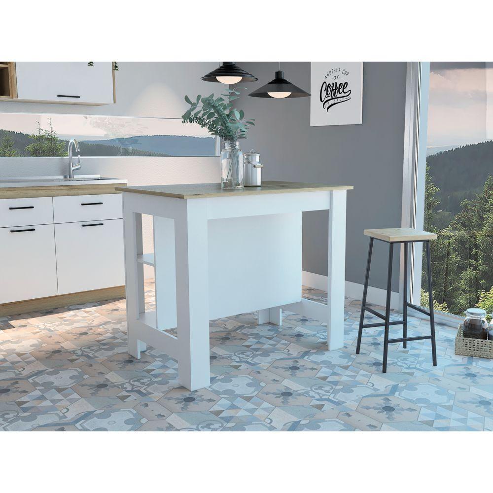 Mueble Auxiliar de Cocina Draco, Blanco y Café Claro, con Dos Entrepaños y Amplia Superficie En La Mesa - VIRTUAL MUEBLES