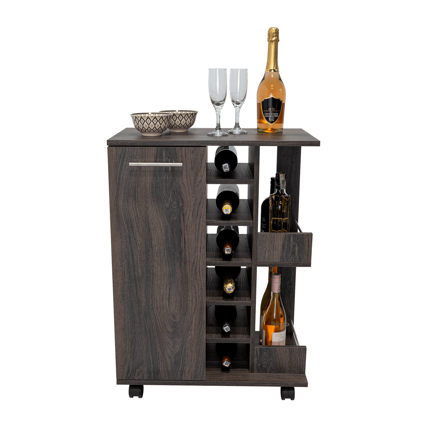 Bar Cart, Grafito, con Espacio Para Botellas y Porta Copas - VIRTUAL MUEBLES