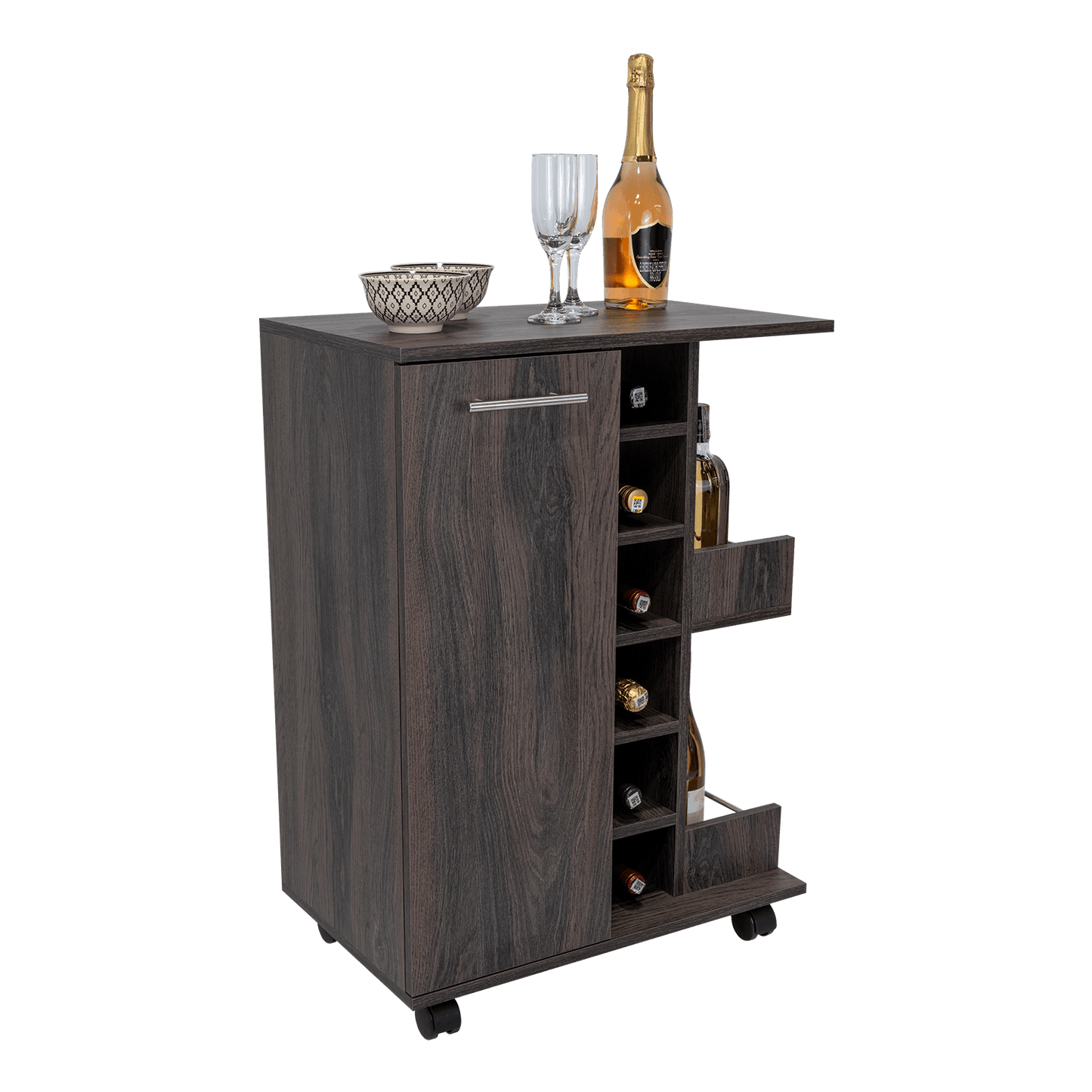 Bar Cart, Grafito, con Espacio Para Botellas y Porta Copas - VIRTUAL MUEBLES