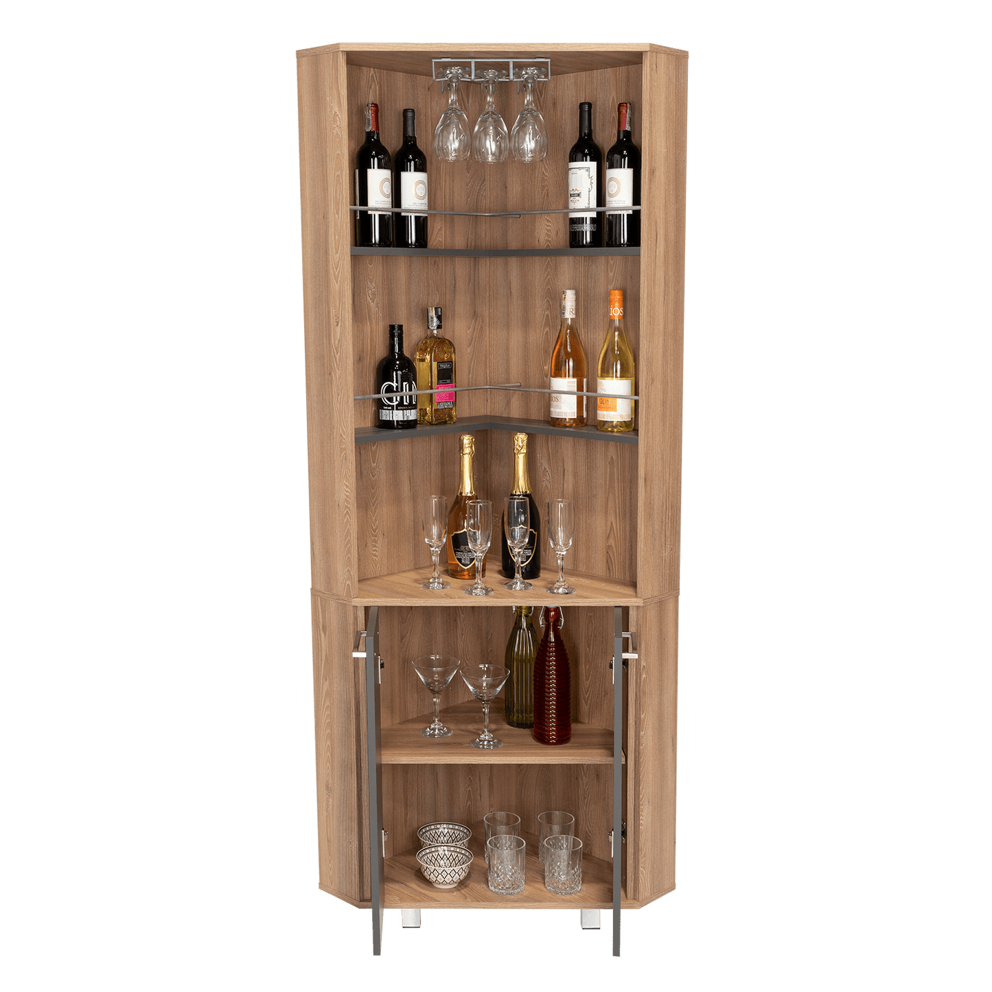 Bar Polinesio, Miel y Plata Oscuro, con Espacio Para Botellas y Copas - VIRTUAL MUEBLES