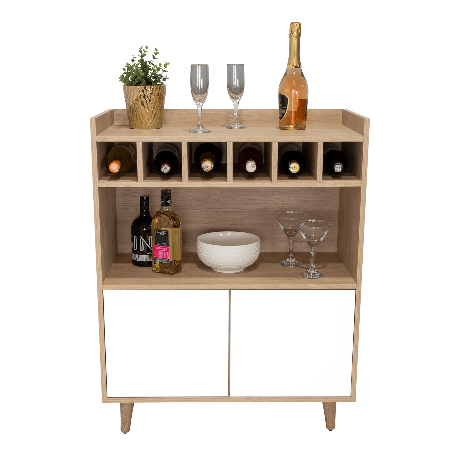 Bar Burdeos, Beige y Blanco, con Espacio Para Botellas y Porta Copas - VIRTUAL MUEBLES