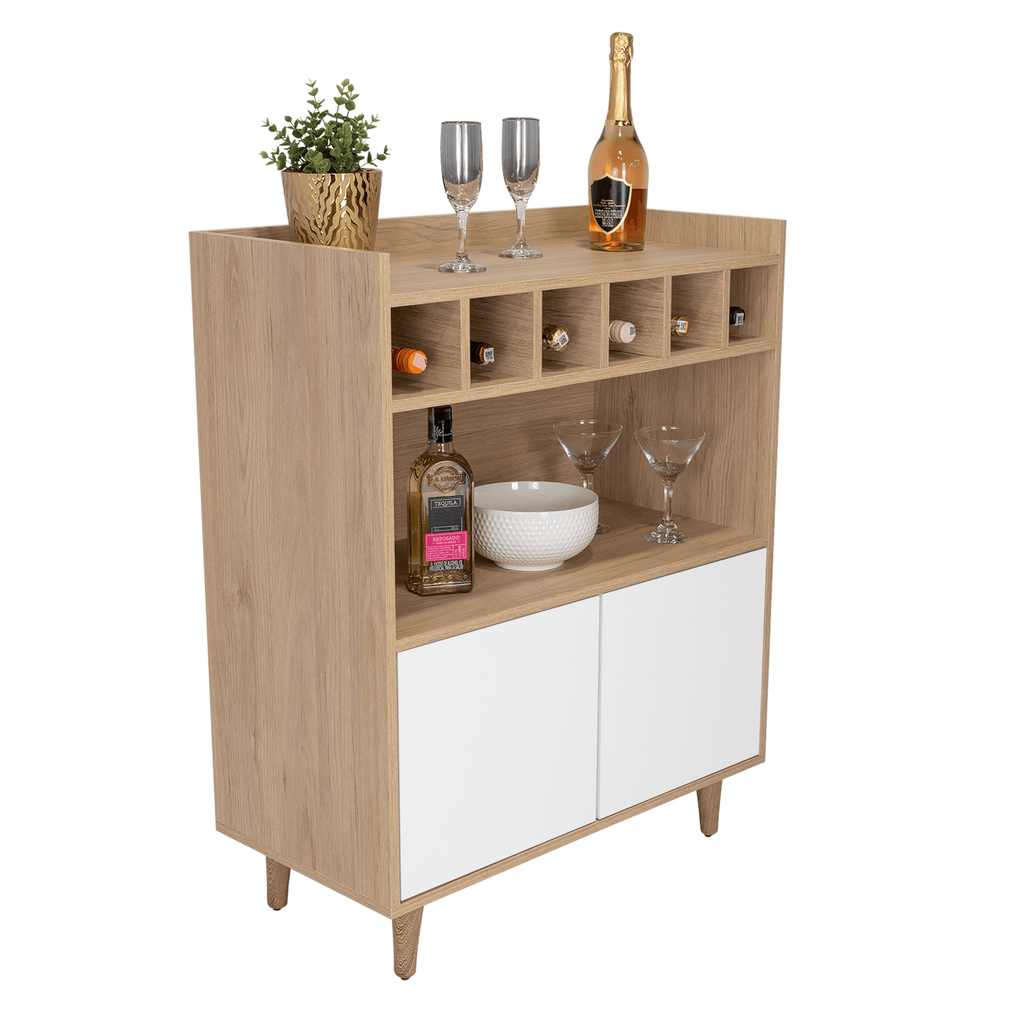 Bar Burdeos, Beige y Blanco, con Espacio Para Botellas y Porta Copas - VIRTUAL MUEBLES