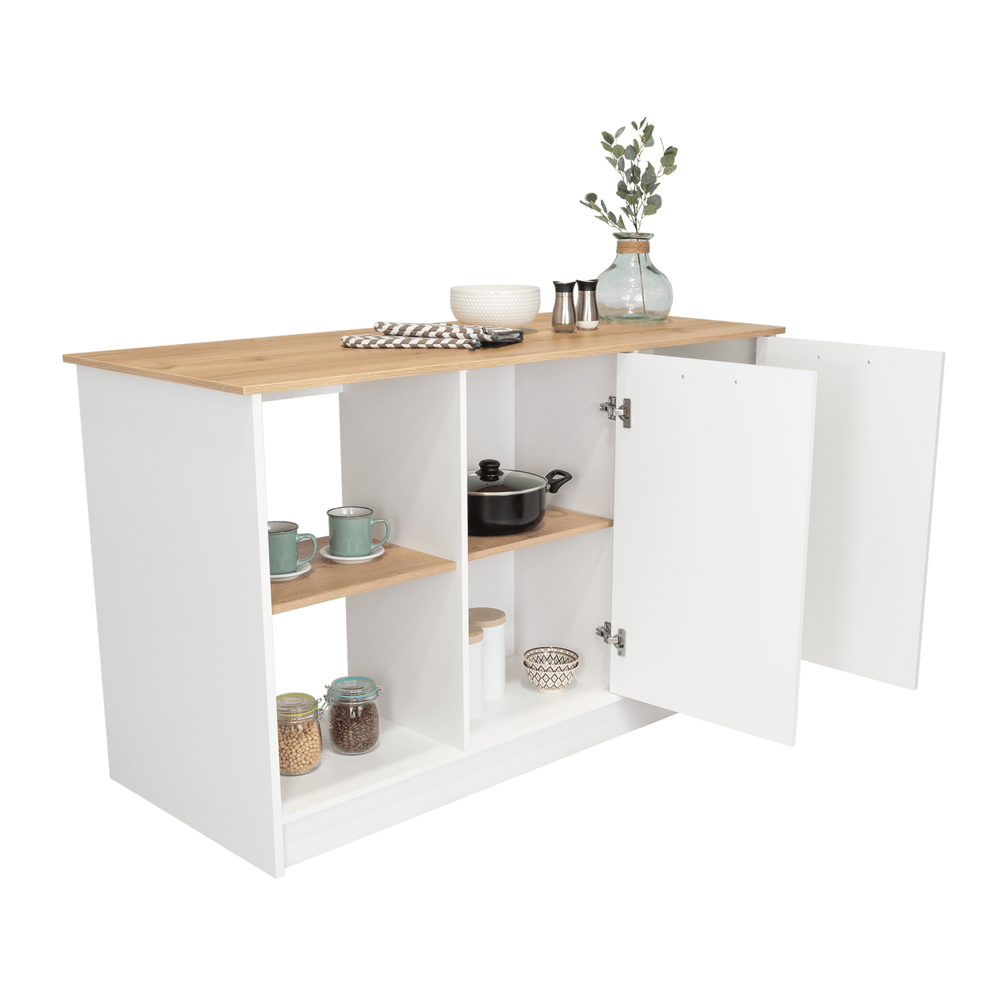 Barra de Cocina Samara, Blanco y Café Claro, con Dos Puertas y Entrepaños ZF - VIRTUAL MUEBLES