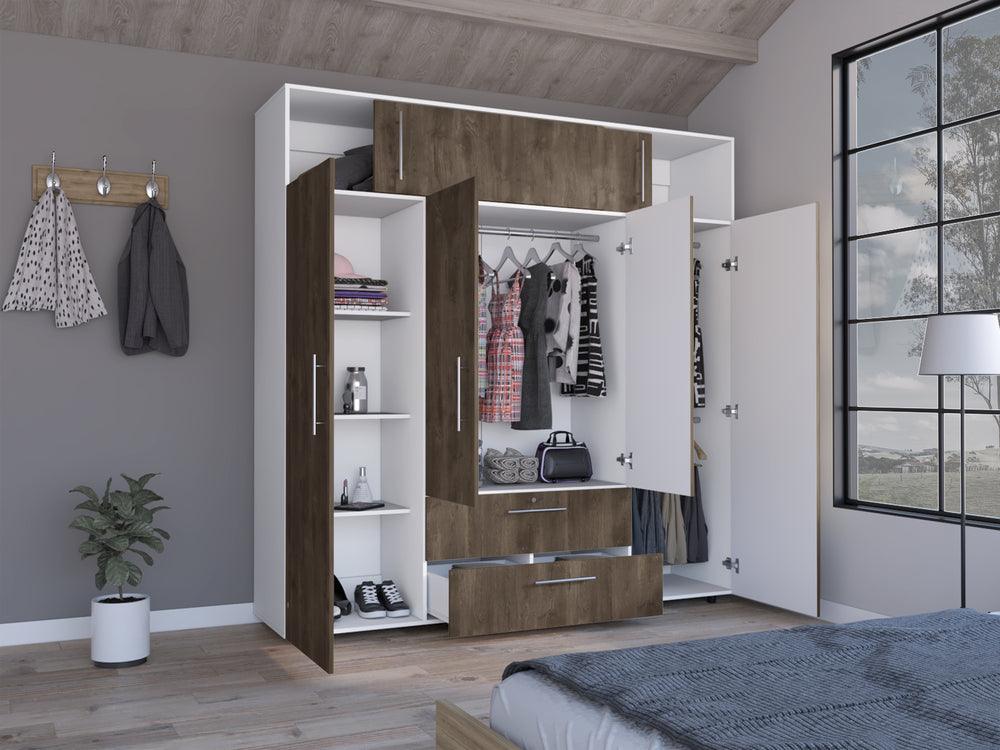 Closet Babel, Nogal y Blanco, con Cuatro Puertas Abatibles y Cuatro Cajones Multiusos - VIRTUAL MUEBLES