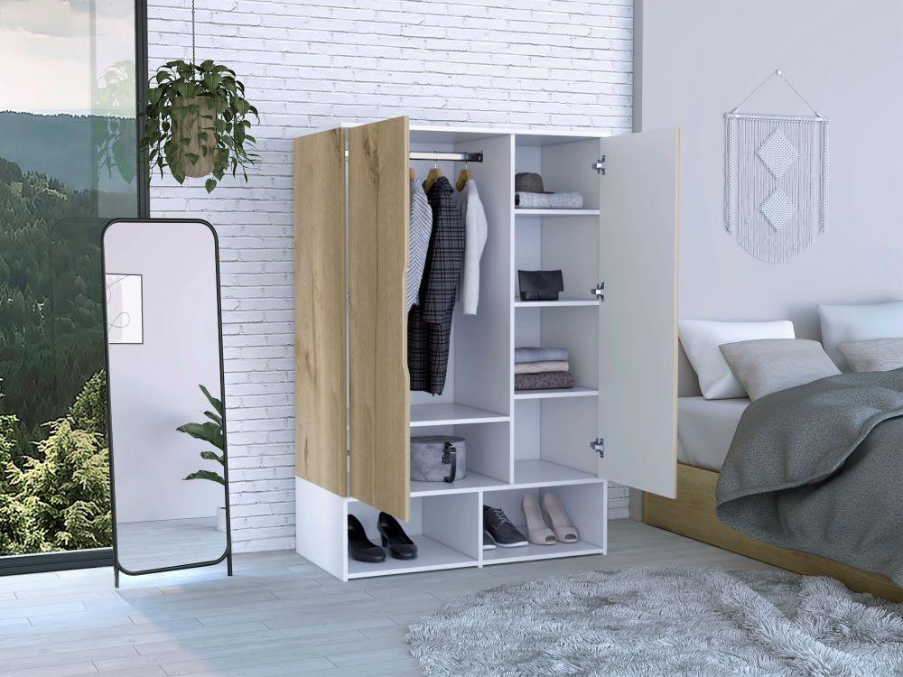 Closet Suey, Café Claro y Blanco, con Dos Puertas y Tubo Metalico Para Colgar Ropa - VIRTUAL MUEBLES