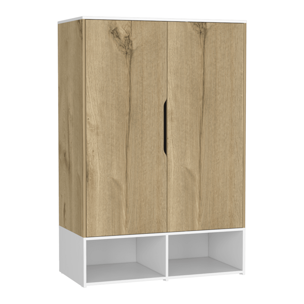 Closet Suey, Café Claro y Blanco, con Dos Puertas y Tubo Metalico Para Colgar Ropa - VIRTUAL MUEBLES