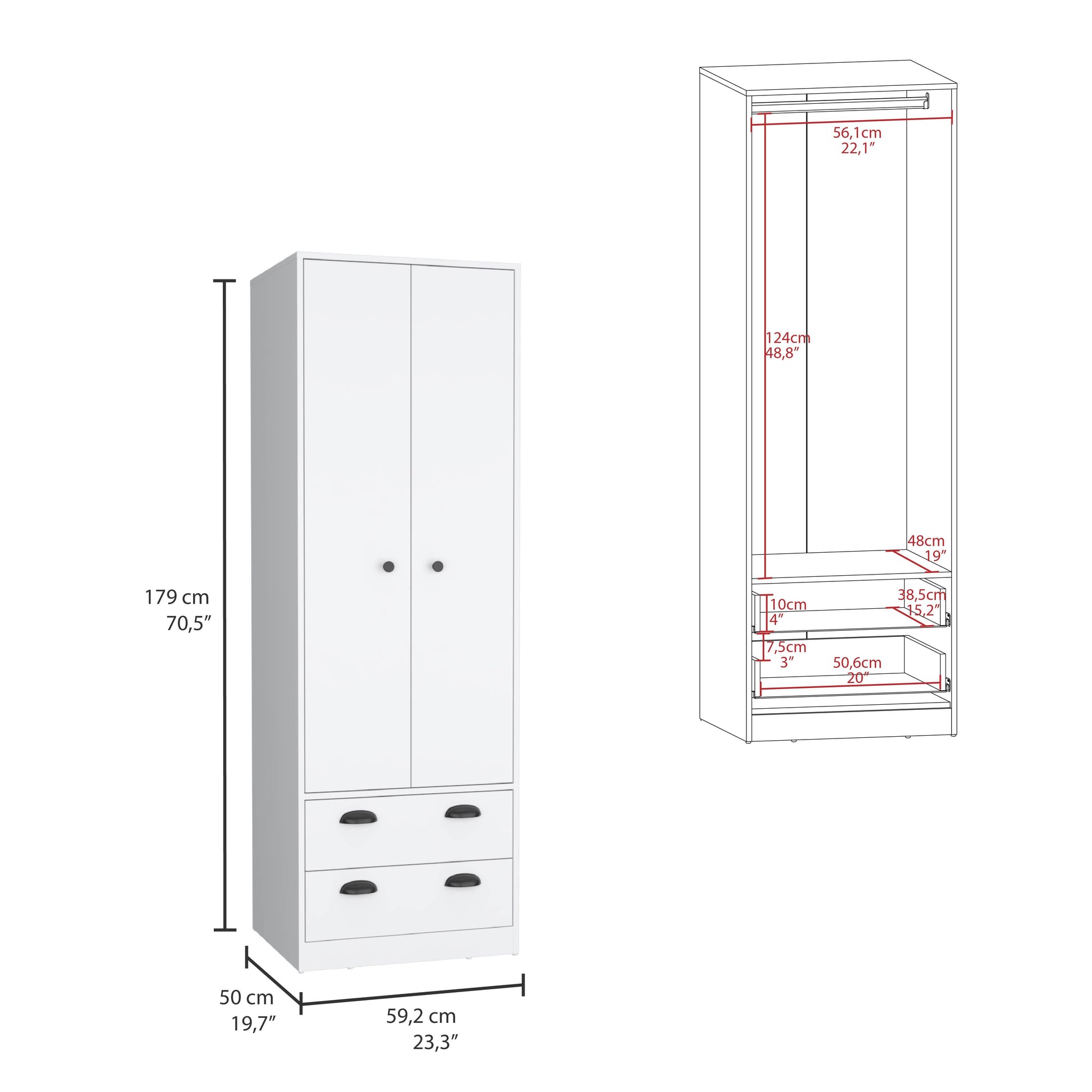 Closet Agata, Blanco Marqueza, con dos cajones y tubo cromado ZF - VIRTUAL MUEBLES