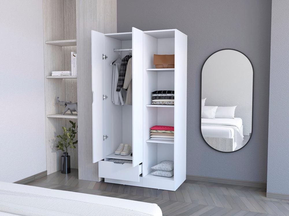 Closet Memphis, Blanco Duqueza, con un tubo cromado y cuatro entrepaños ZF - VIRTUAL MUEBLES