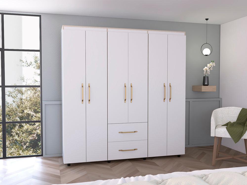 Closet Golden, Blanco y Dorado, Variedad de Entrepaños, Seis Puertas Abatibles y Canto Cuero. - VIRTUAL MUEBLES