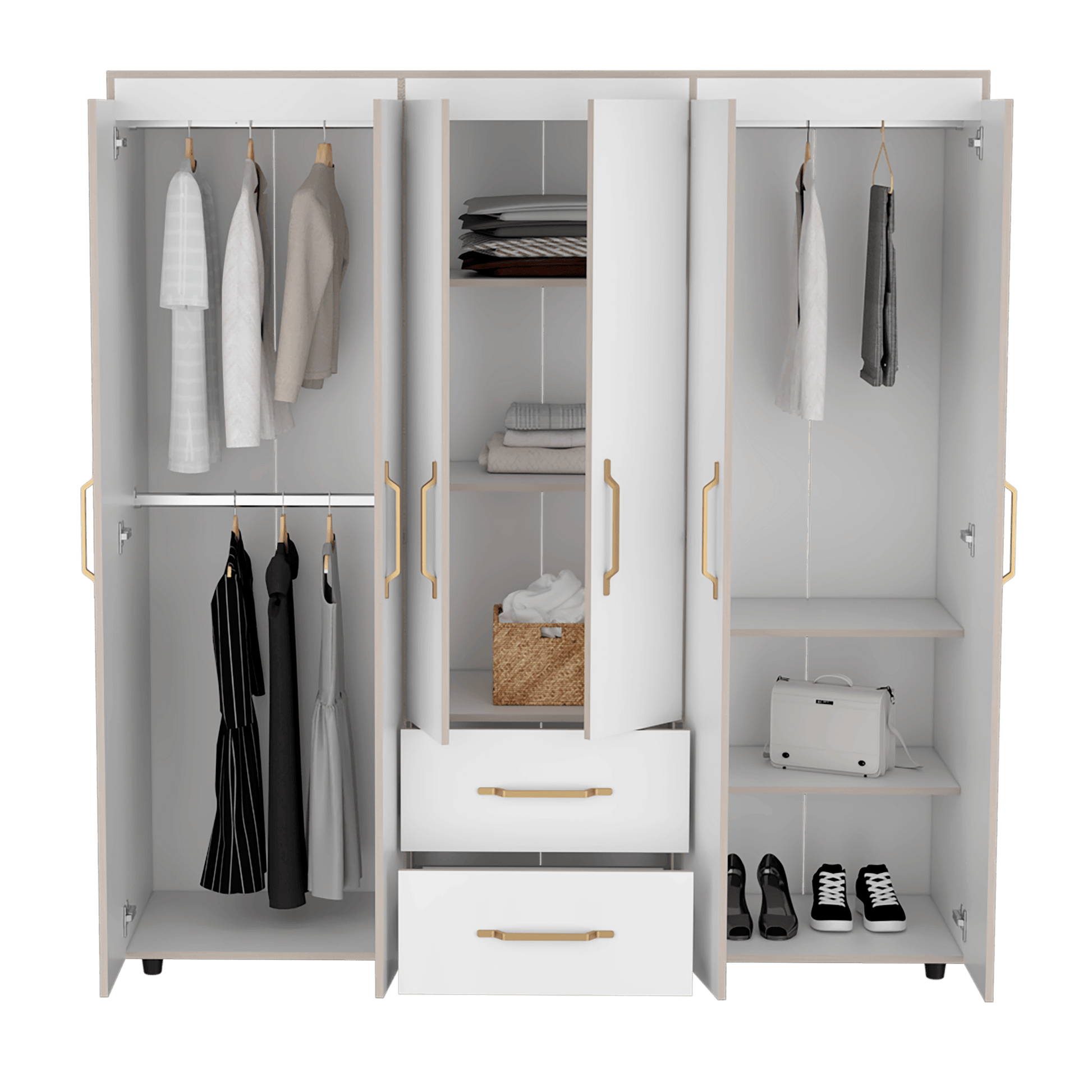 Closet Golden, Blanco y Dorado, Variedad de Entrepaños, Seis Puertas Abatibles y Canto Cuero. - VIRTUAL MUEBLES