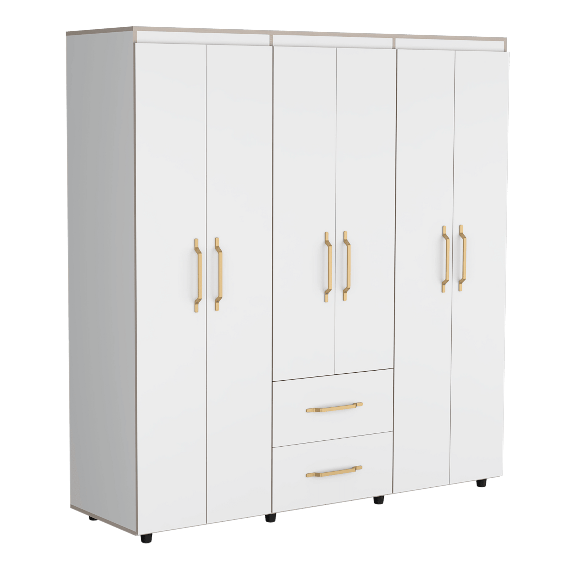 Closet Golden, Blanco y Dorado, Variedad de Entrepaños, Seis Puertas Abatibles y Canto Cuero. - VIRTUAL MUEBLES