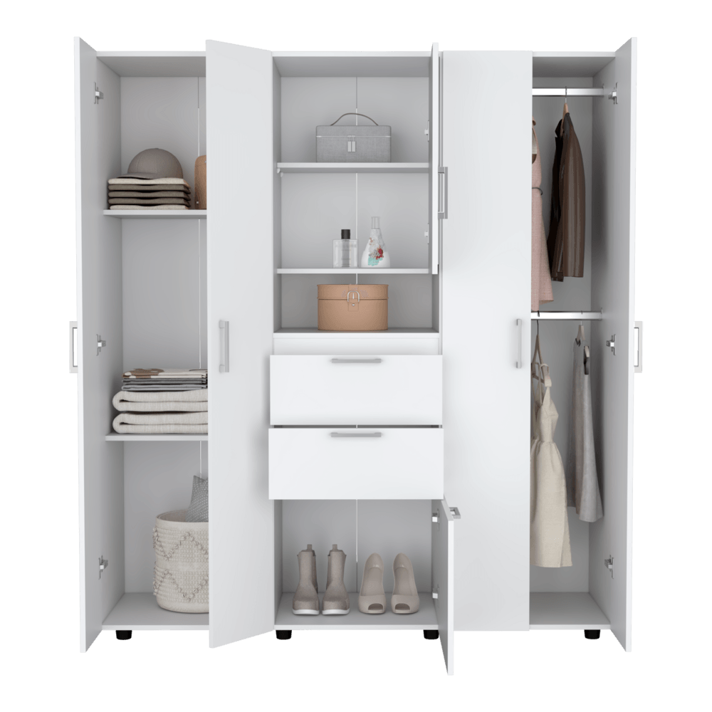 Closet Camelia, Blanco, con Dos Cajones, Seis Puertas y Tubos Metalicos - VIRTUAL MUEBLES