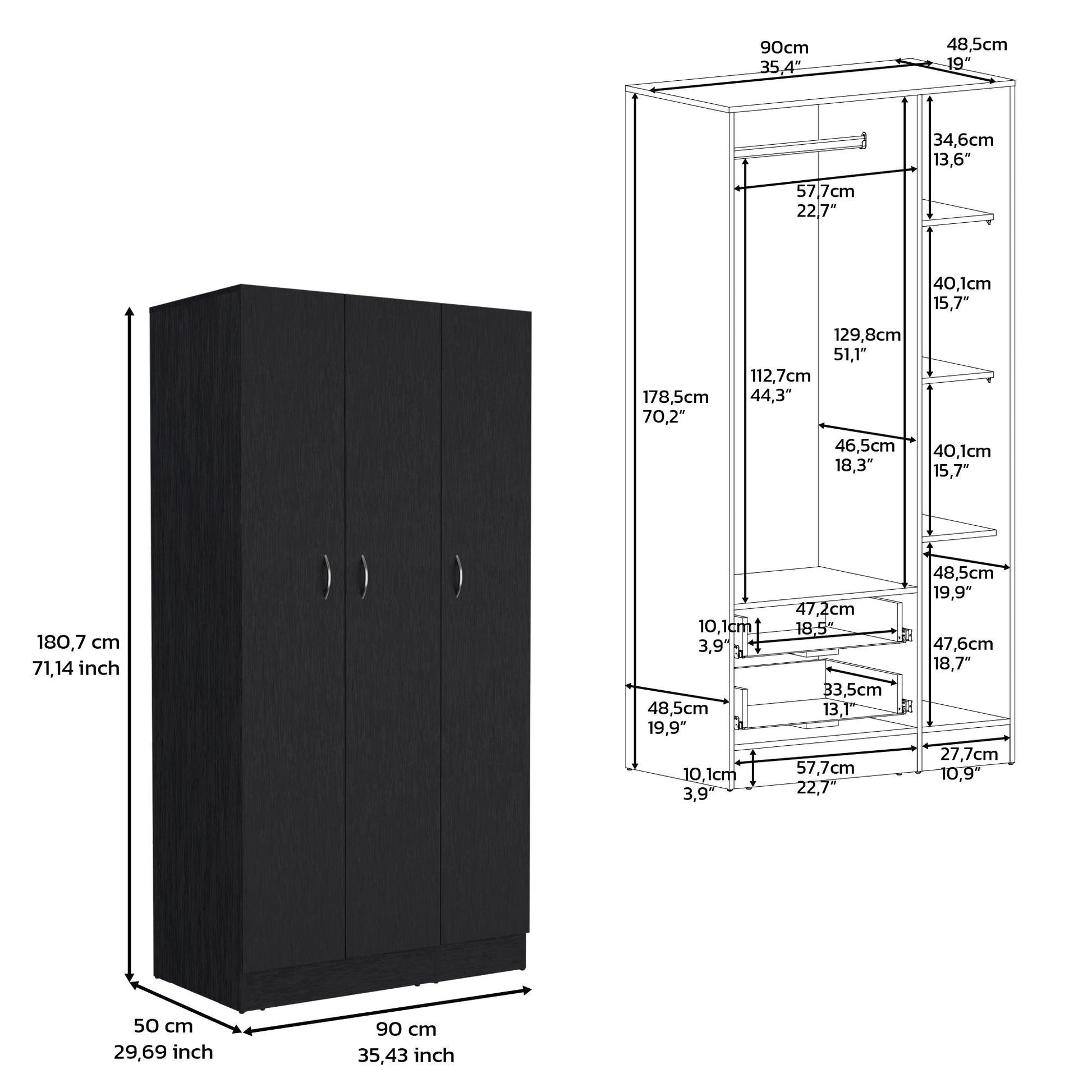 Closet Orbe, Wengue con dos cajones, 4 entrepaños y tubo cromado ZF - VIRTUAL MUEBLES