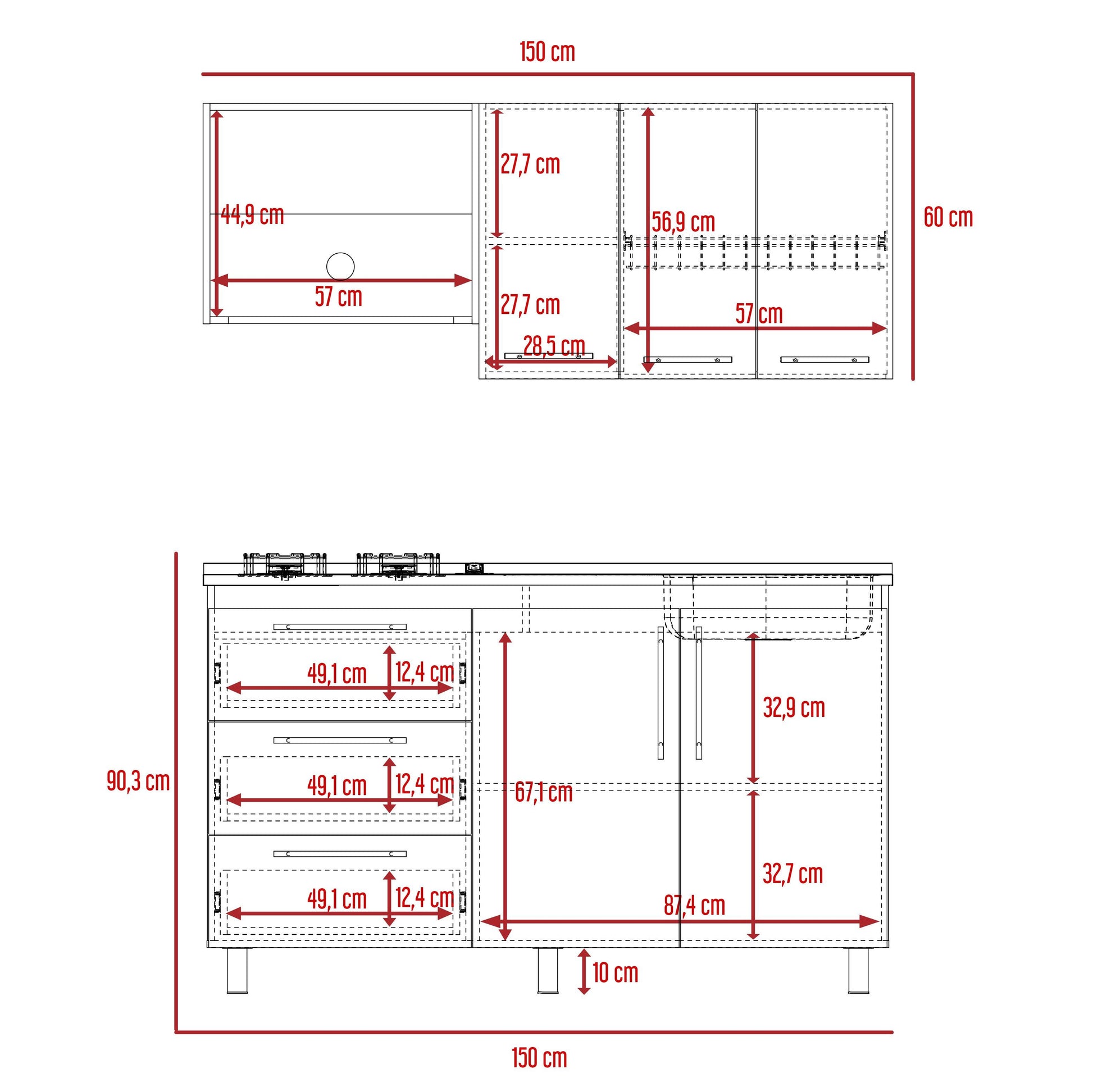 Cocina Integral Rubio, Blanco Duqueza y Café Claro, incluye Mesón Derecho - VIRTUAL MUEBLES