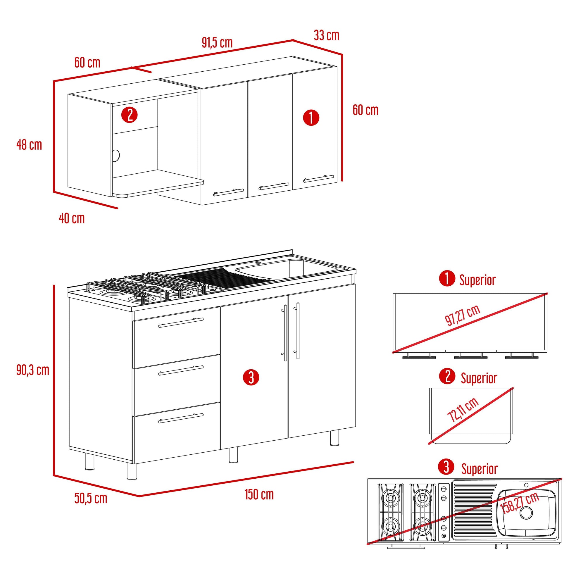 Cocina Integral Rubio, Blanco Duqueza y Café Claro, incluye Mesón Derecho - VIRTUAL MUEBLES