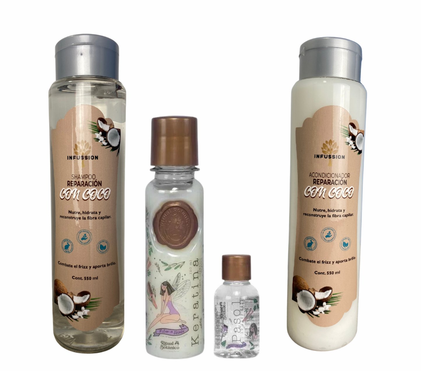 KIT KERATINA DE 120 ML + SHAMPOO Y ACONDICIONADORE DE REPARACION CON COCO