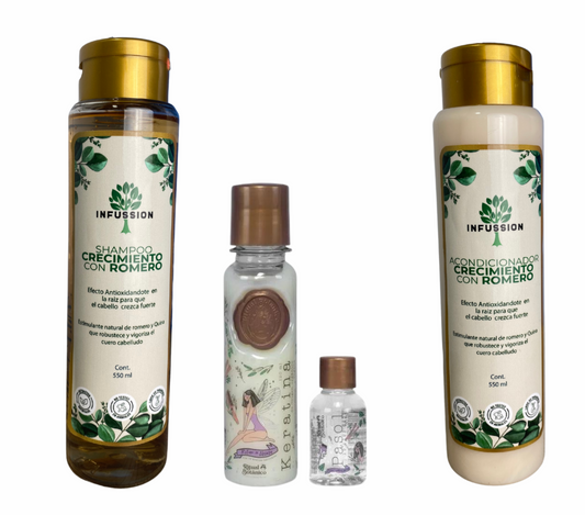 KIT KERATINA DE 120 ML + SHAMPOO Y ACONDICIONADORE DE CRECIMIENTO CON ROMERO