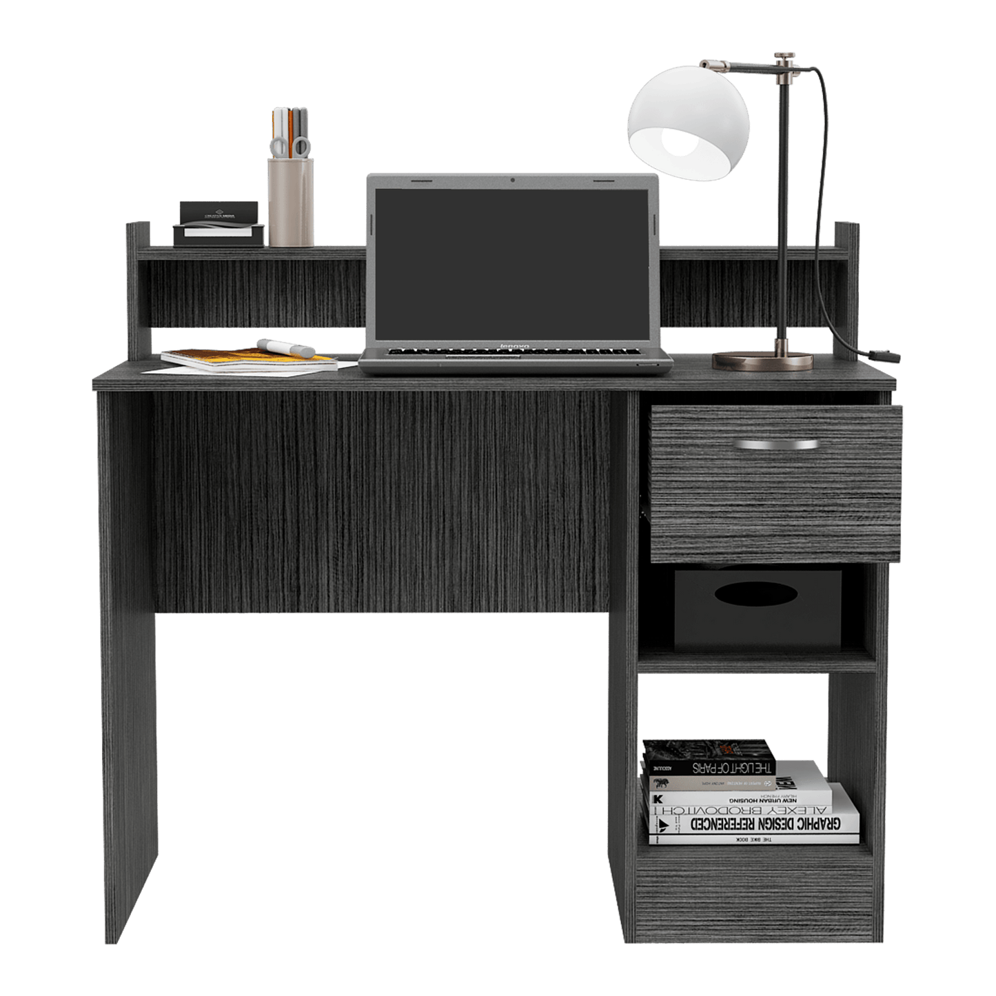 Escritorio Tulk, Gris, con Un Cajón Archivado y Dos Entrepaños ZF - VIRTUAL MUEBLES