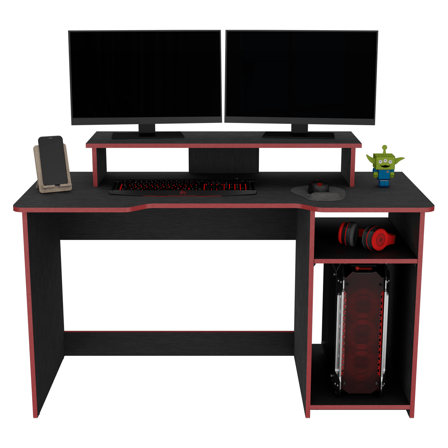 Escritorio Gamer Willy, Wengue y Rojo, con Espacio Adicional para Pantallas - VIRTUAL MUEBLES