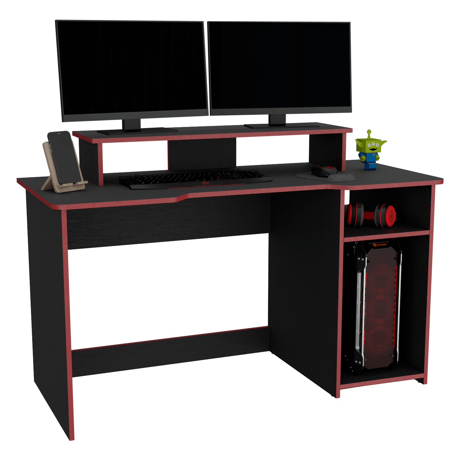 Escritorio Gamer Willy, Wengue y Rojo, con Espacio Adicional para Pantallas - VIRTUAL MUEBLES