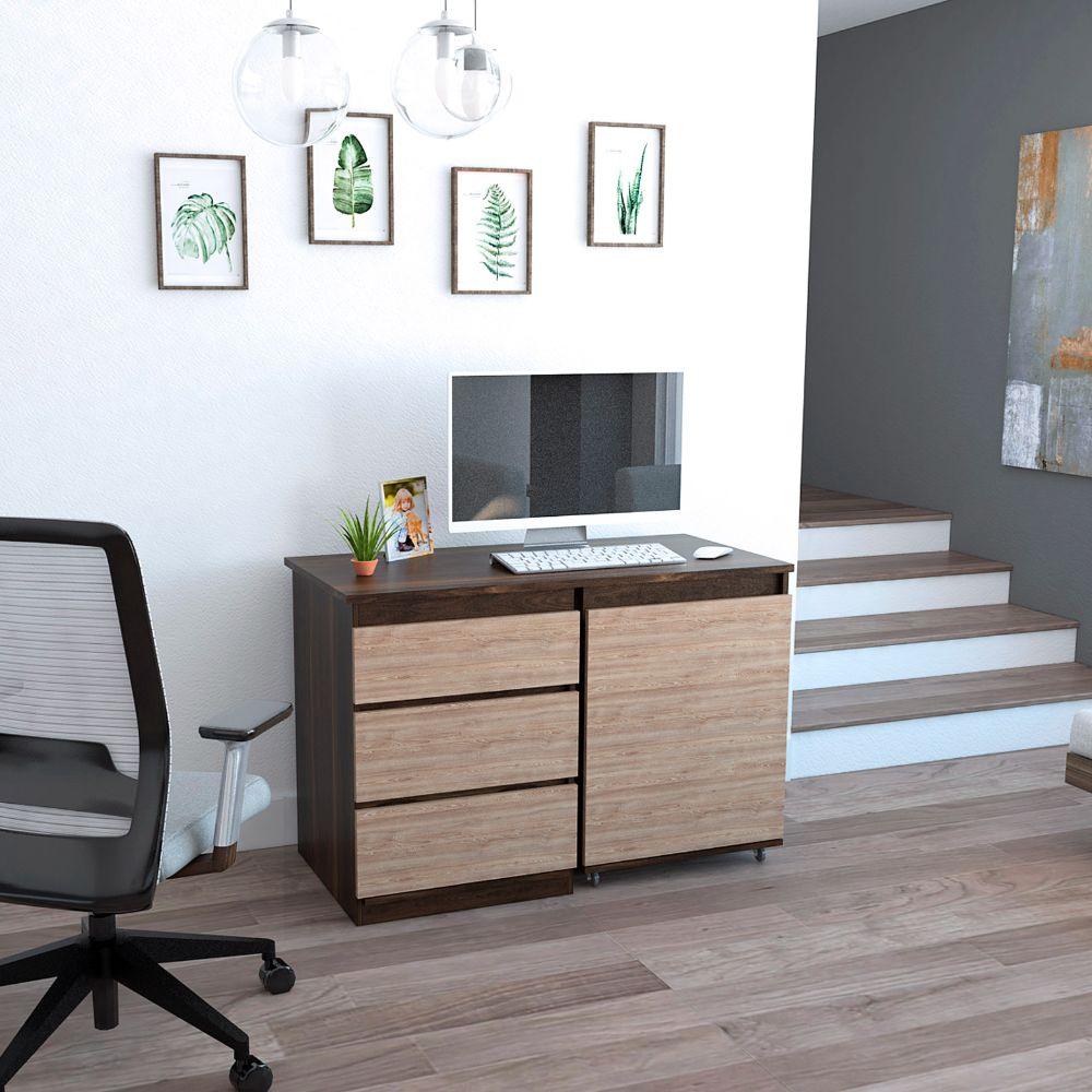 Escritorio Taira, Caoba y Miel, con Tres Cajones Extensibles - VIRTUAL MUEBLES