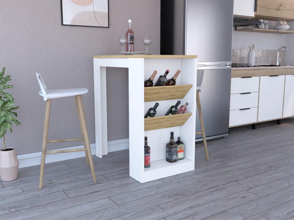 Barra de Cocina Celeste, Blanco y Macadamia, con Entrepaños inclinados para Ubicar Botellas - VIRTUAL MUEBLES