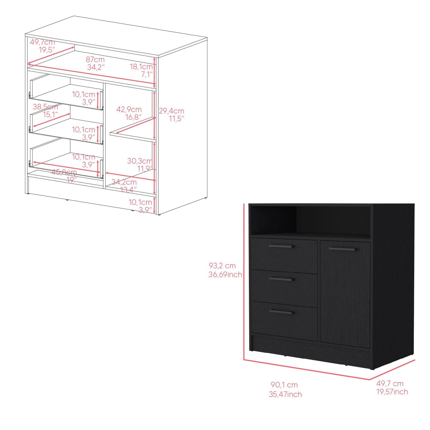 Organizador Omex, Wengue, con Tres Cajones y Una Puerta Abatible ZF - VIRTUAL MUEBLES