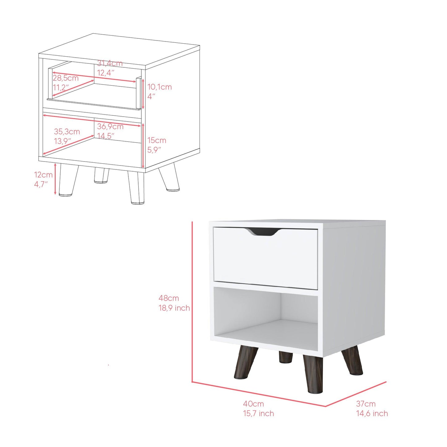 Mesa de Noche Canelo, Blanco, con Patas en Madera y un Cajón ZF - VIRTUAL MUEBLES