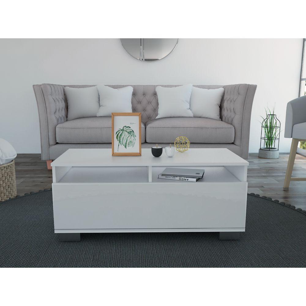 Mesa de Centro Rayo, Blanco, con Varios Entrepaños y Patas de Acero - VIRTUAL MUEBLES