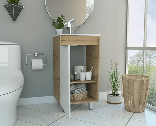 Mueble Lavamanos Burco, Café claro con Blanco, con espacio para ubicar objetos de aseo Incluye Lavamanos - VIRTUAL MUEBLES