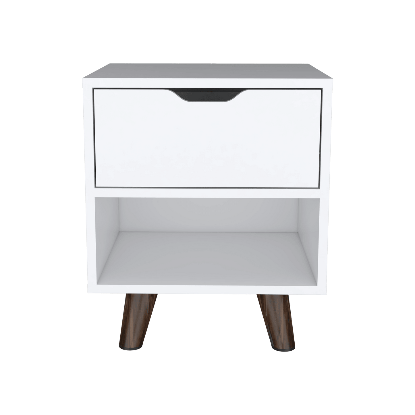 Mesa de Noche Canelo, Blanco, con Patas en Madera y un Cajón ZF - VIRTUAL MUEBLES