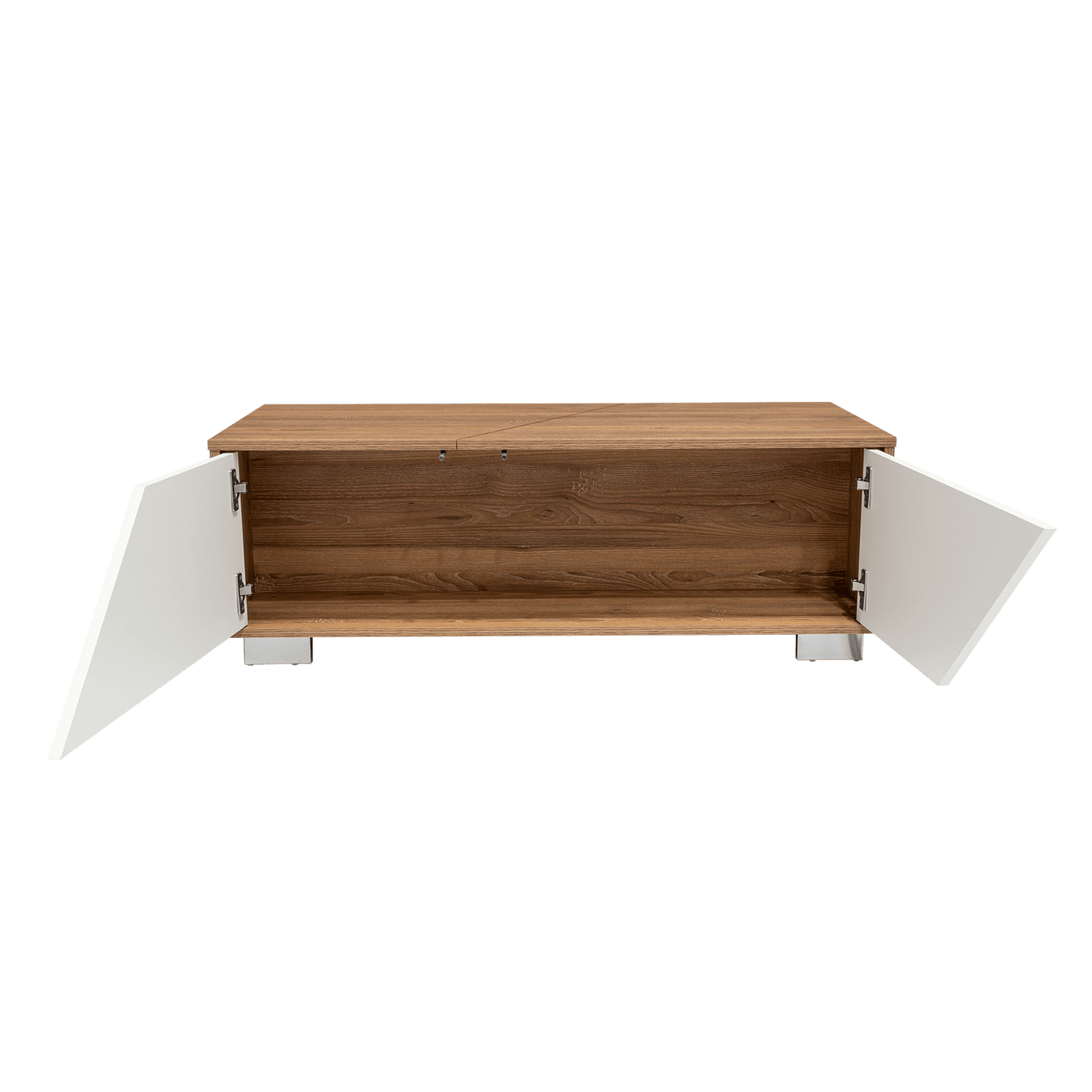 Mesa de Centro Orus, Miel y Blanco, con Cuatro Puertas y Patas En Acero - VIRTUAL MUEBLES