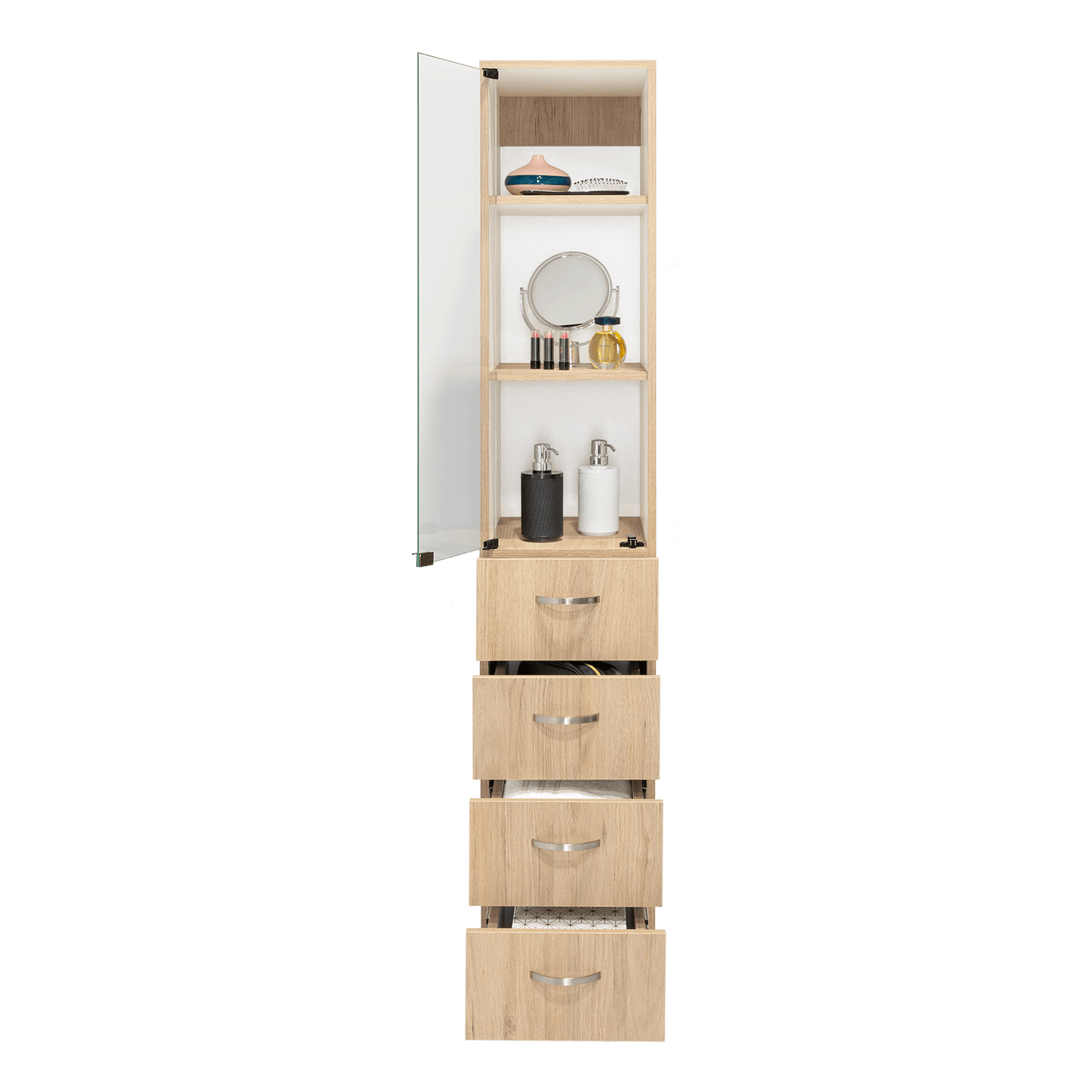 Mueble Auxiliar de Baño Picasso, Beige y Blanco, con Dos Entrepaños y Cuatro Cajones - VIRTUAL MUEBLES