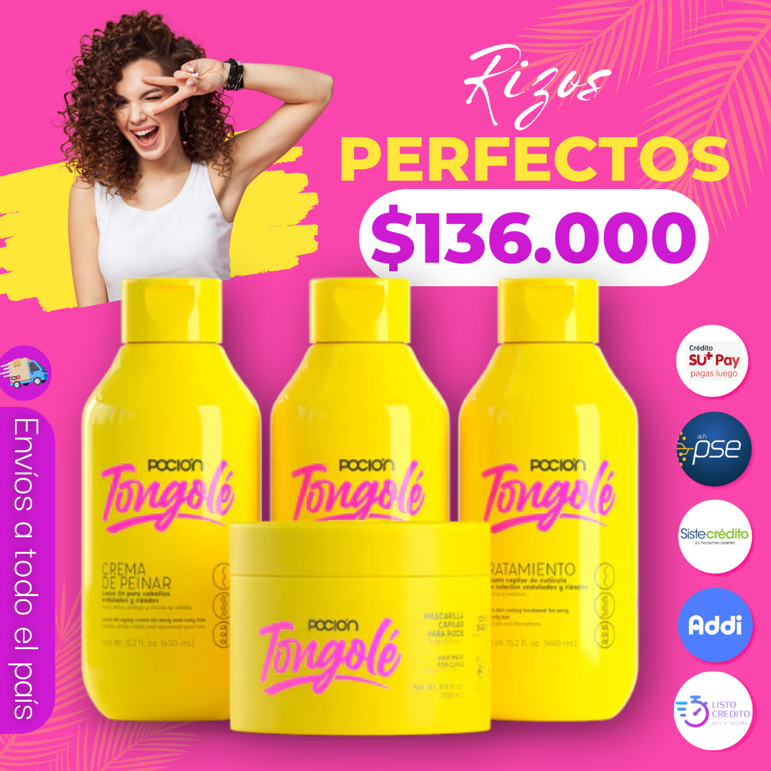 PROMOCION KIT POCION PARA RIZOS TONGOLE (SHAMPOO +TRATAMIENTO + CREMA DE PEINAR + MASCARILLA +) PRECIO 136.000