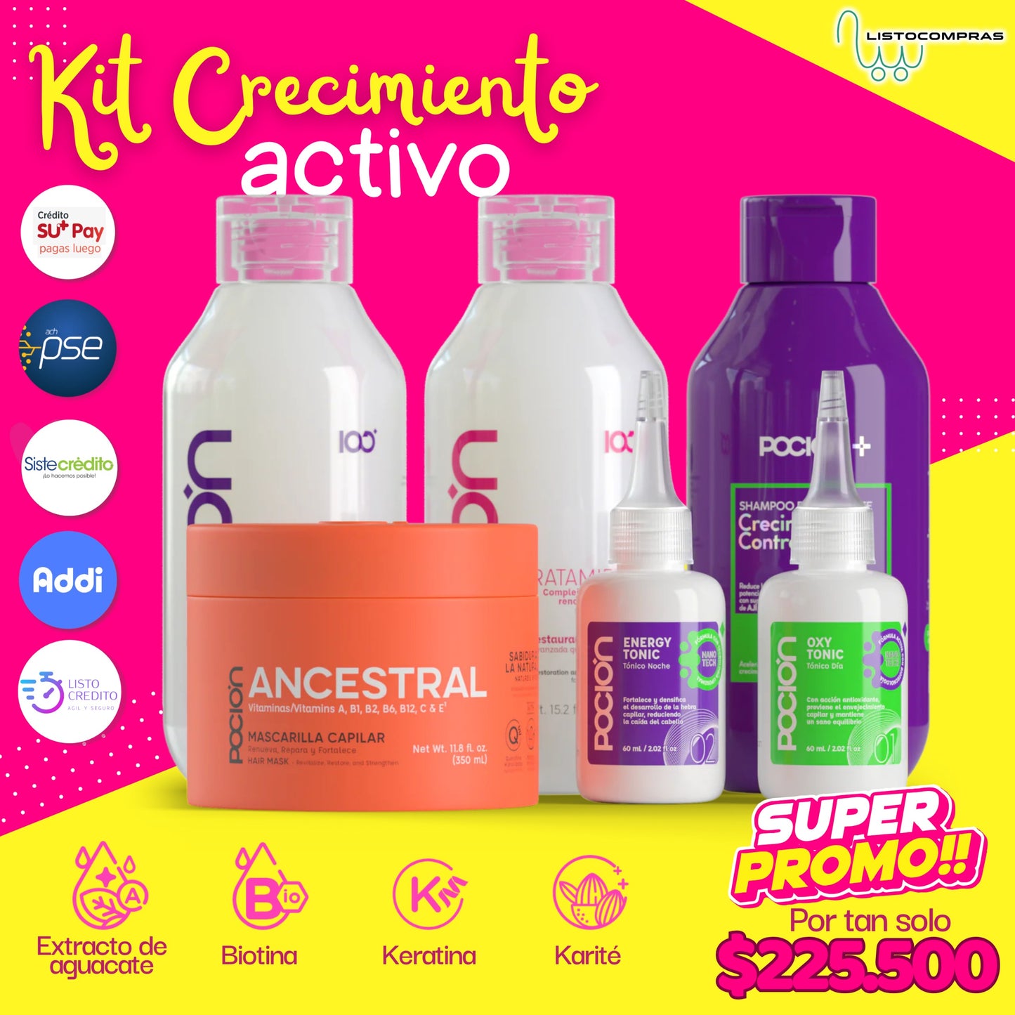 PROMOCION KIT LA POCION (SHAMPOO +TRATAMIENTO+ACONDICIONADOR+MASCARILLA+ANTICAIDA+CRECIMIENTO) PRECIO 225.500