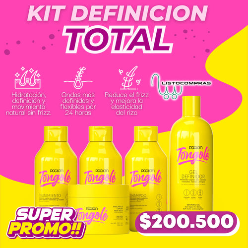 PROMOCION KIT DEFINICION TOTAL TONGOLE (SHAMPOO +CREMA DE PEINAR+MASCARILLA + GEL DEFINIDOR+ TRATAMIENTO ) OFERTA  PRECIO 200.500