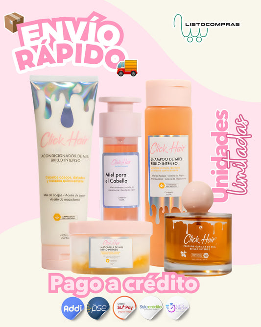 KIT MIEL BRILLO INTENSO CLICK CONTIENE: SHAMPOO MIEL  ACONDICONADOR MIEL, MASCARILLA DE MIEL, MIEL PARA EL CABELLO, PERFUME MIEL + OBSEQUIO SORPRESA